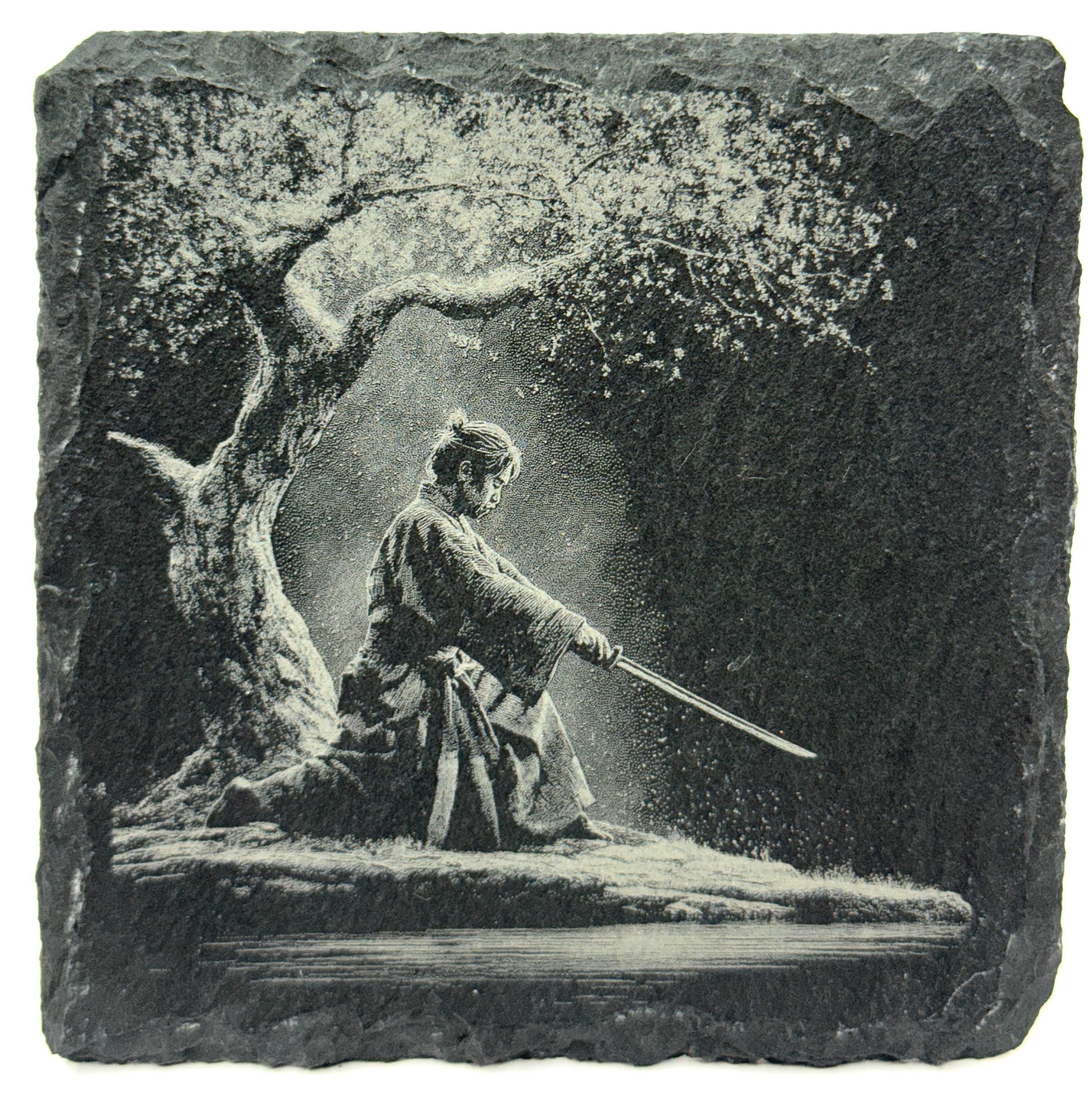 Kneeling Samurai by Tree – Warrior Slate Coaster