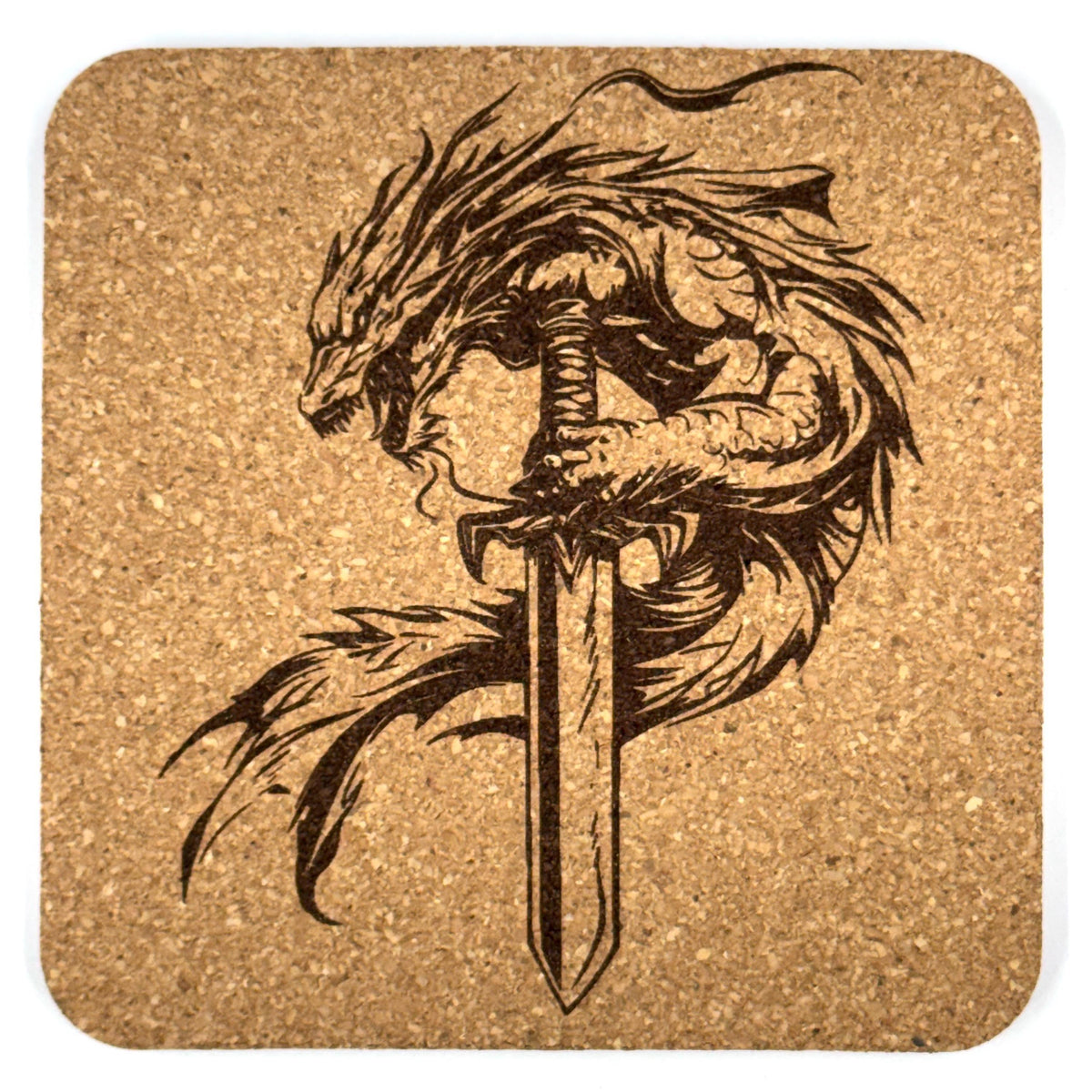 Swordbound Dragon Square Cork Coaster – Dark Fantasy Dragon