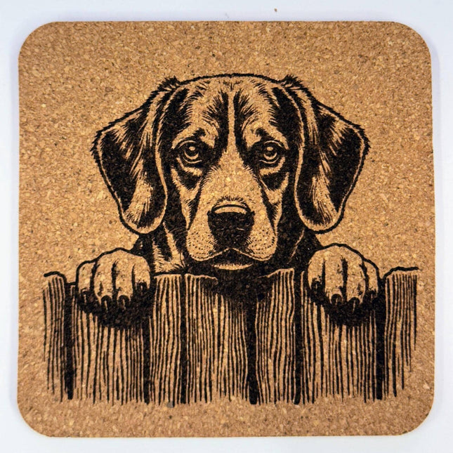 Beagle Puppy at the Fence – Engraved Cork Coaster