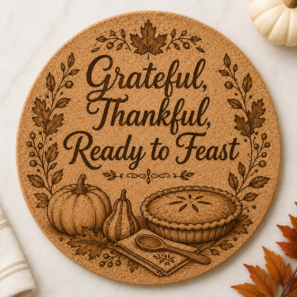 Thanksgiving Cork Trivet, 8 Inch Laser Engraved Hot Pad, Fall Kitchen Decor