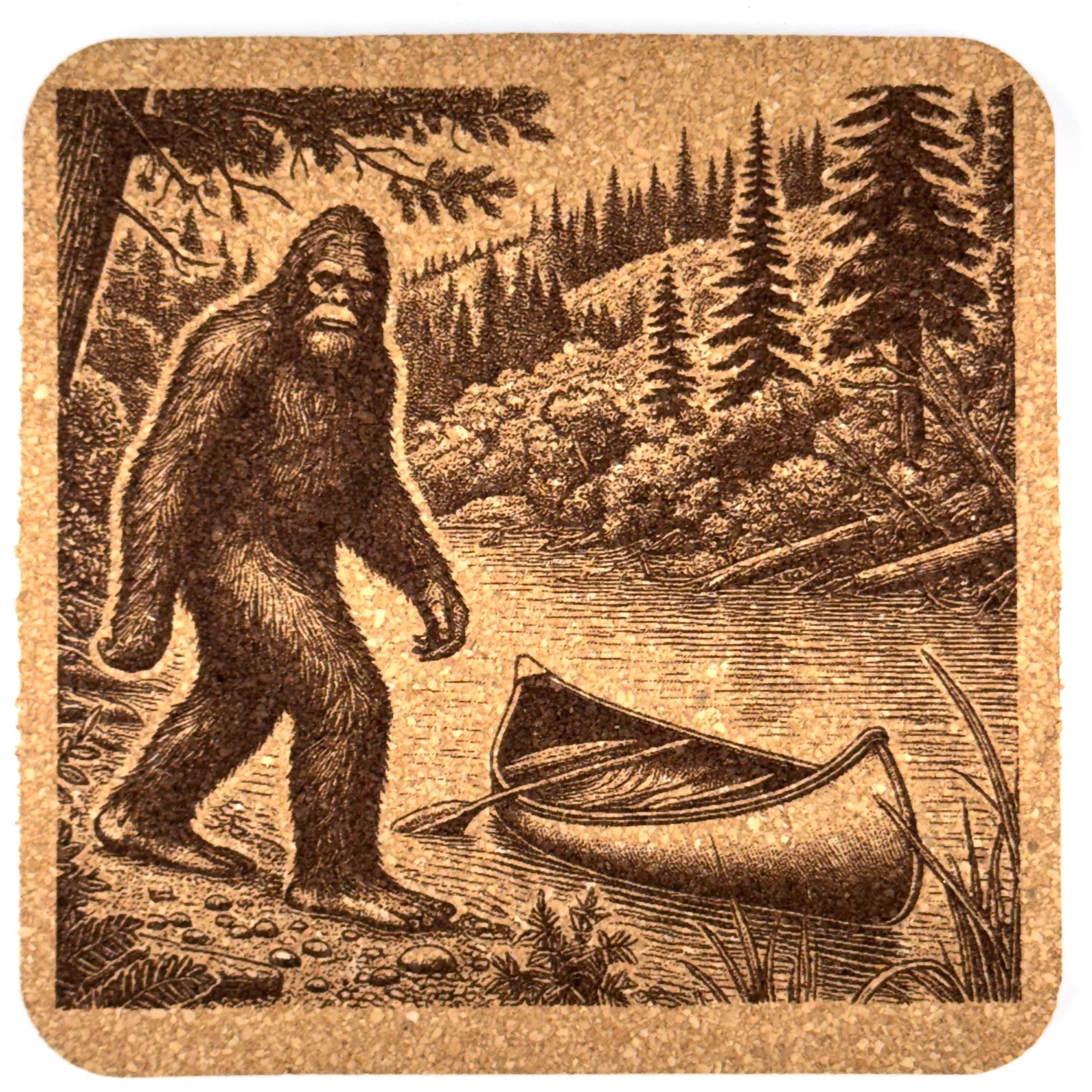 Bigfoot Canoe River Scene – Wilderness Sasquatch Cork Coaster