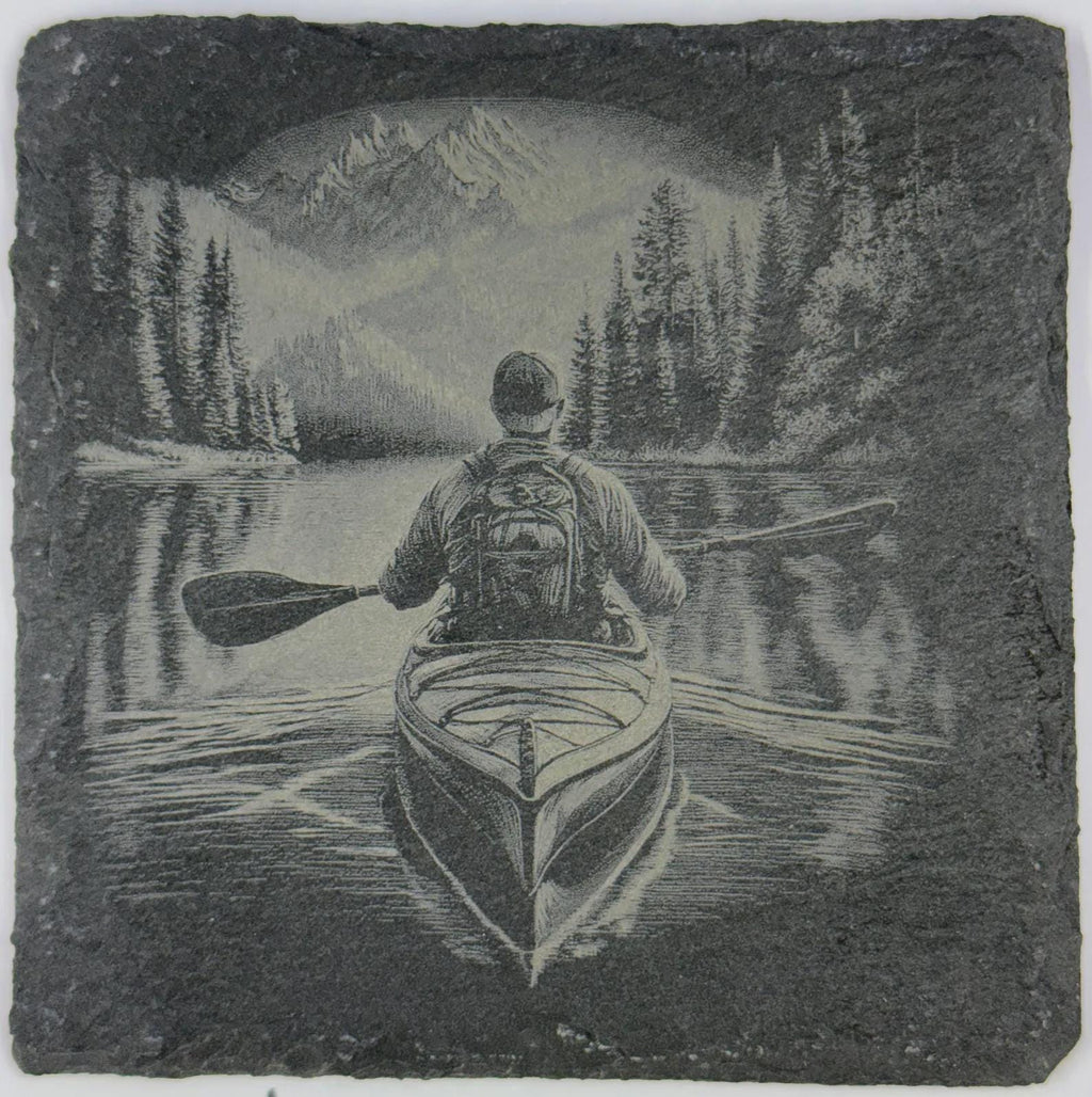 Moonlit Kayak Lake Slate Coaster – Mountain Paddling Scene