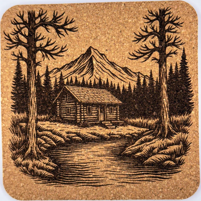 Mountain Cabin Coaster – Engraved Cork Drink Coaster with Rustic Forest Scene