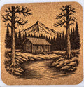 Mountain Cabin Coaster – Engraved Cork Drink Coaster with Rustic Forest Scene