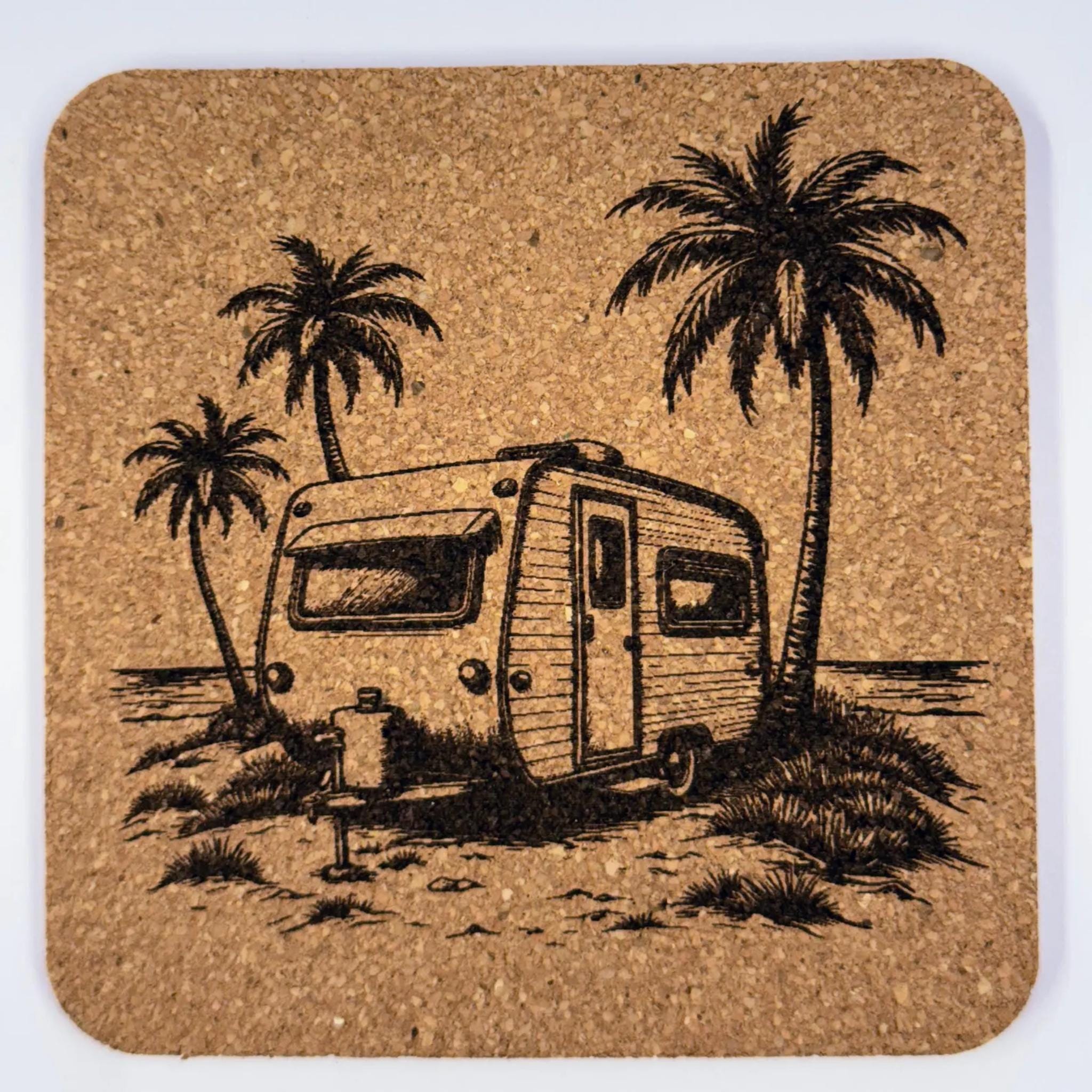 Vintage Travel Trailer Coaster – Engraved Cork Coaster with Palm Trees and Beach Camping Scene
