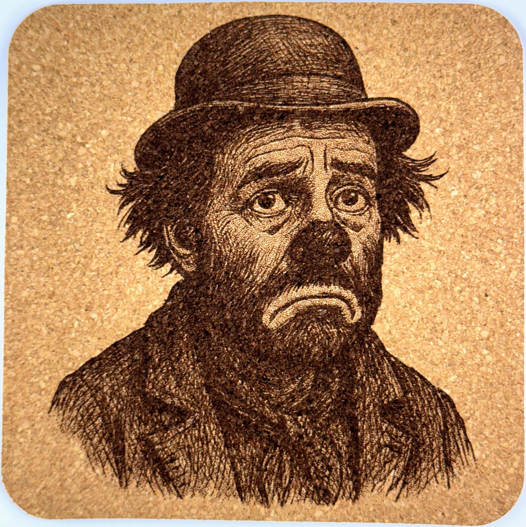 Hopeful Hobo Clown Portrait – Laser Engraved Cork Coaster