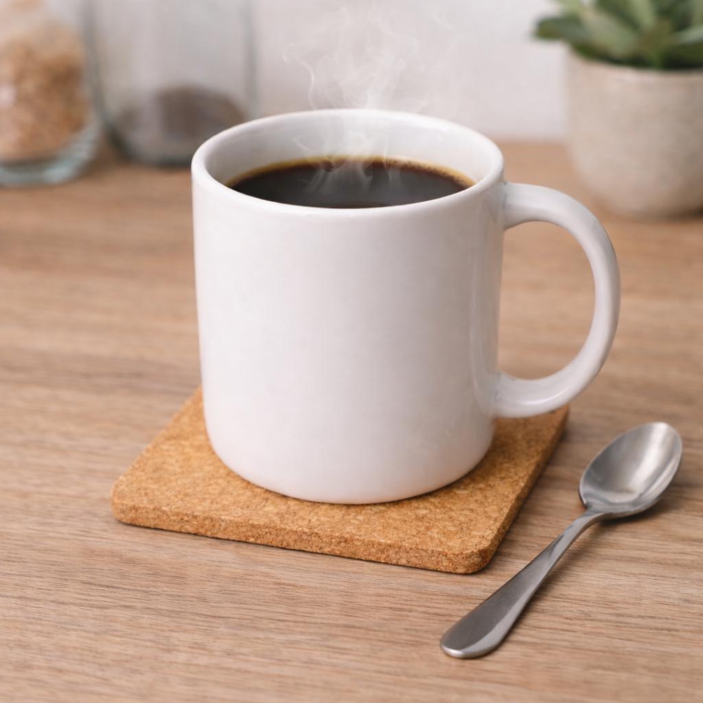 A white mug filled with hot coffee sits on a cork coaster, accompanied by a spoon on a wooden surface.