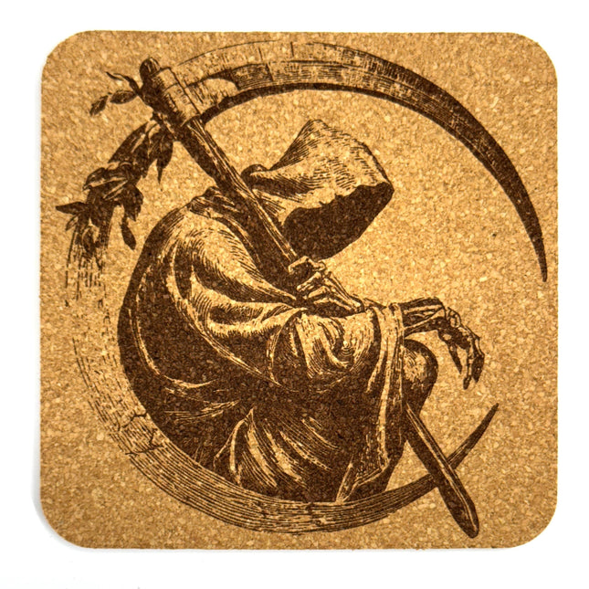 Grim Reaper Gothic Death Cork Drink Coaster – Dark Halloween Bar Decor