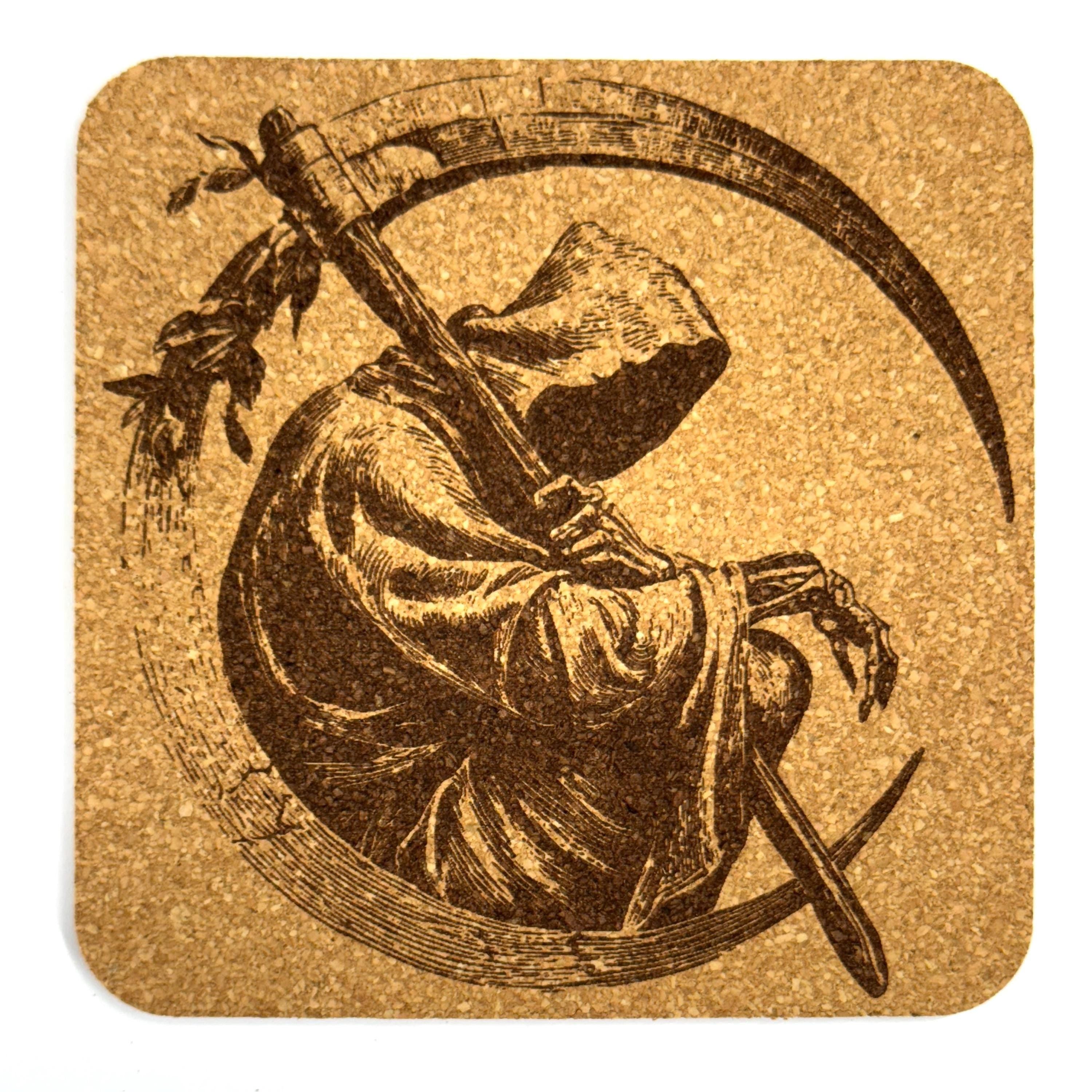Grim Reaper Gothic Death Cork Drink Coaster – Dark Halloween Bar Decor