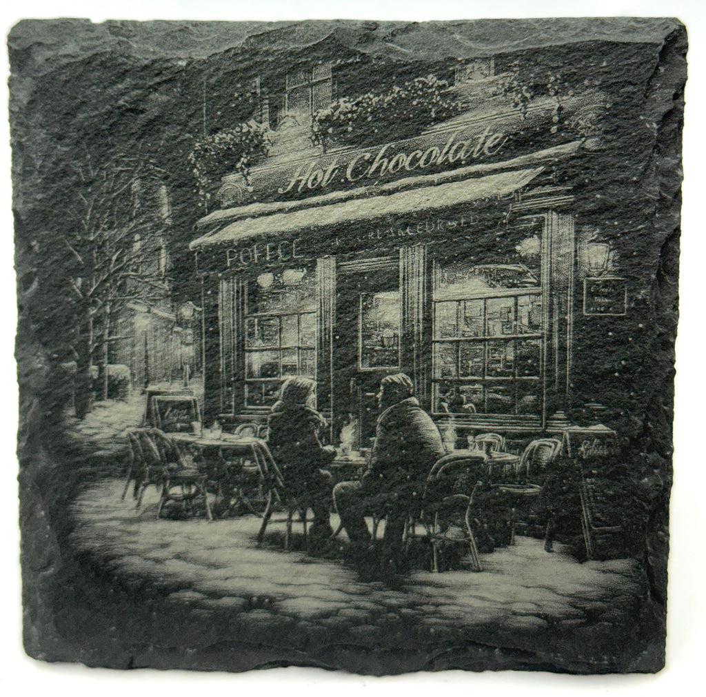 Cozy Café at Night Scene – Laser Engraved Slate Coaster