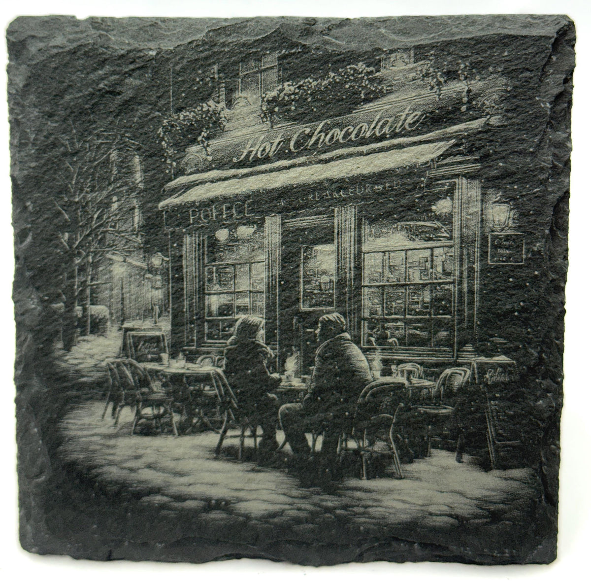 Cozy Café at Night Scene – Laser Engraved Slate Coaster