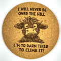 Never Over The Hill Funny Aging Cow Humor Cork Coaster Gift