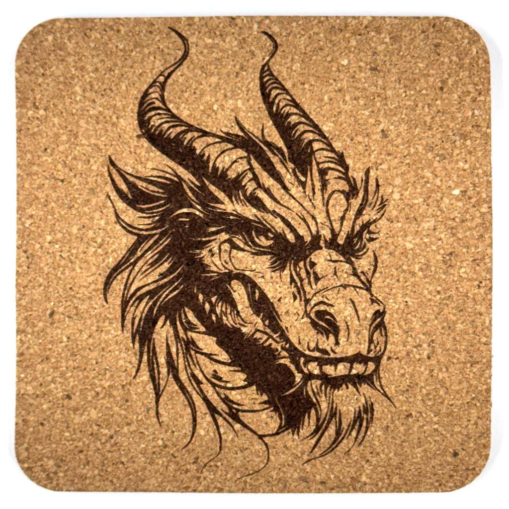 Fierce Horned Dragon Square Cork Coaster – Dark Fantasy Style