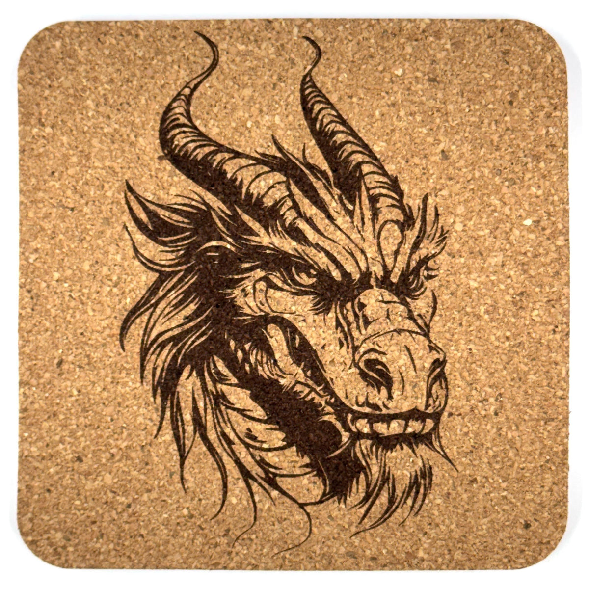Fierce Horned Dragon Square Cork Coaster – Dark Fantasy Style