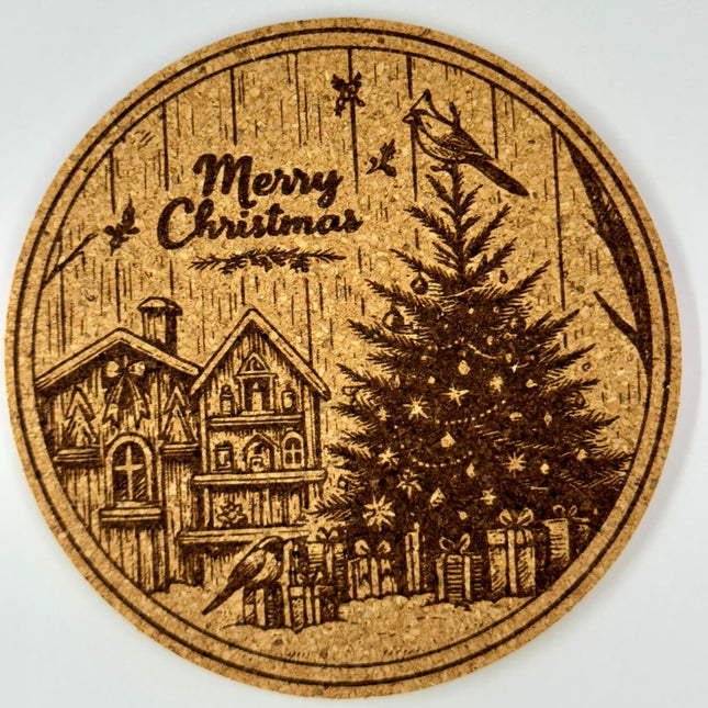 Merry Christmas Village Cork Coaster – Festive Holiday Scene