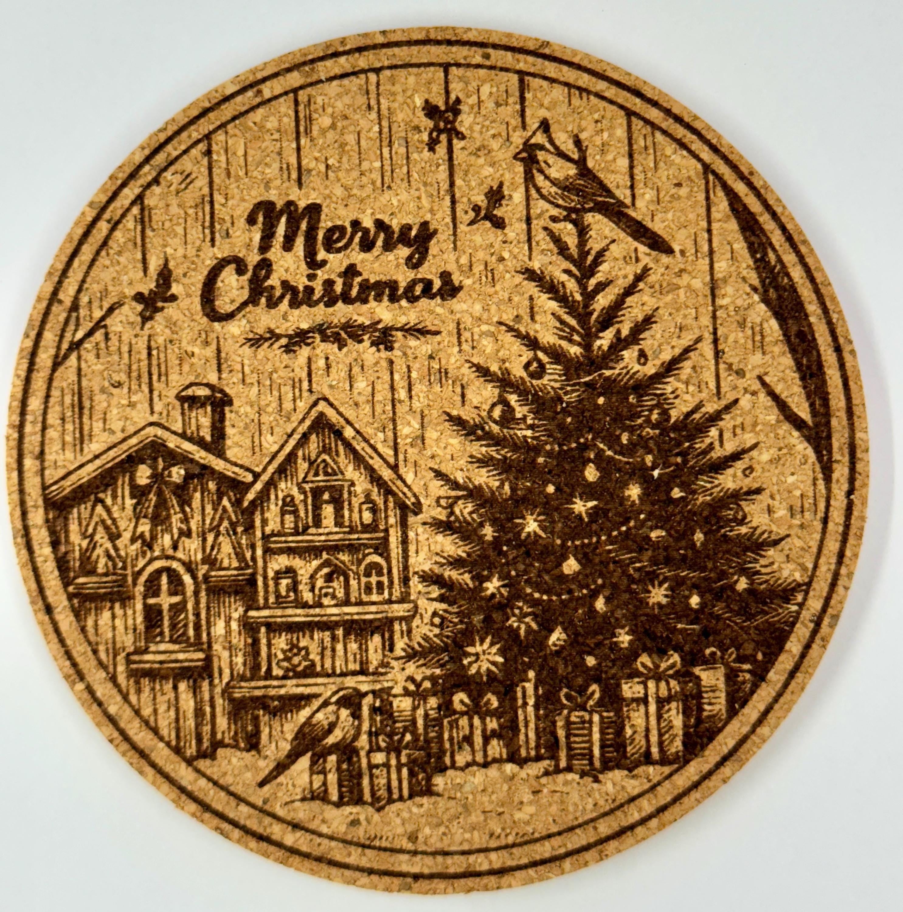 Merry Christmas Village Cork Coaster – Festive Holiday Scene