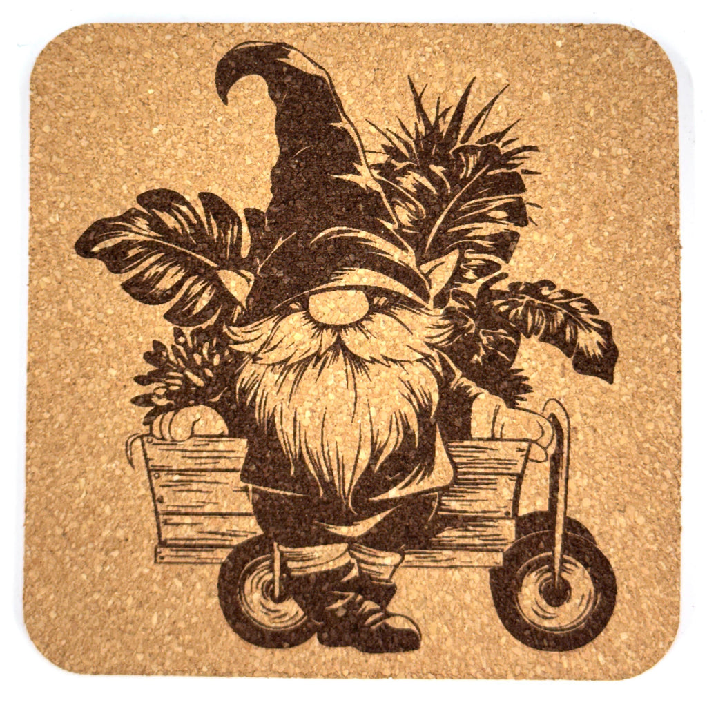 Happy Garden Gnome with Leafy Cart – Storybook Cork Coaster