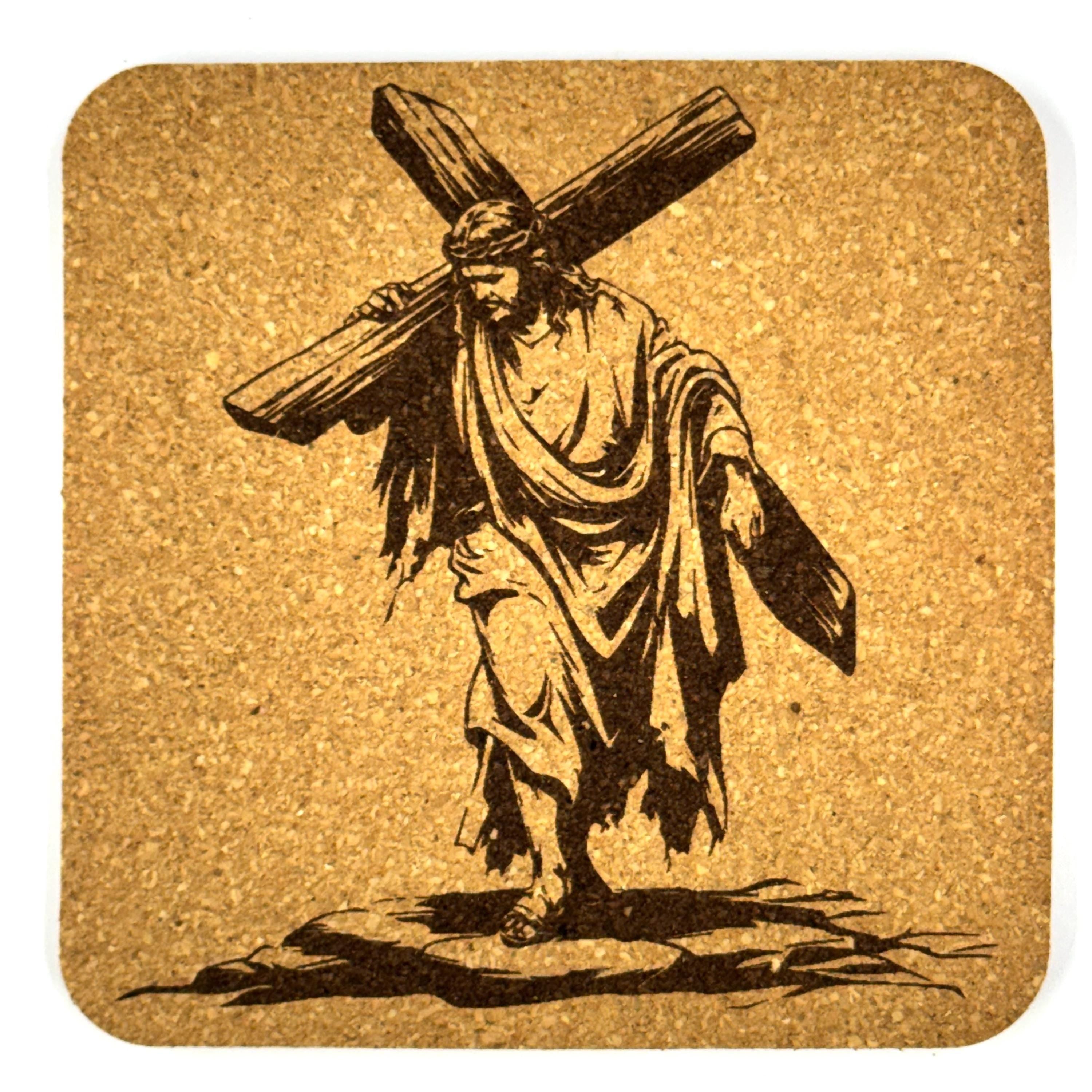 Jesus Carrying Cross Coaster, Christian Engraved Cork Coaster Faith and Sacrifice