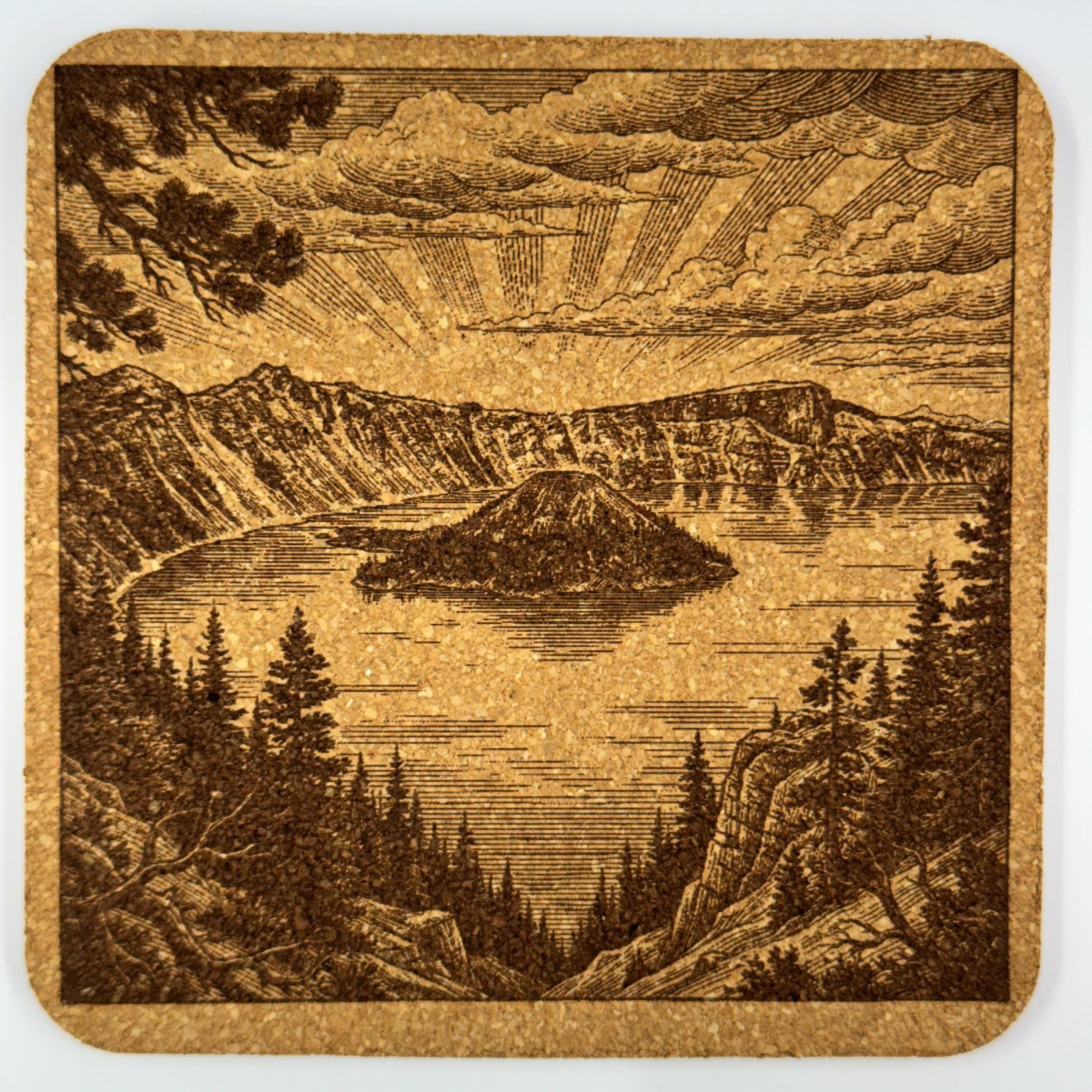 Crater Lake Cork Coaster – Oregon Nature Pacific Northwest Engraved Art