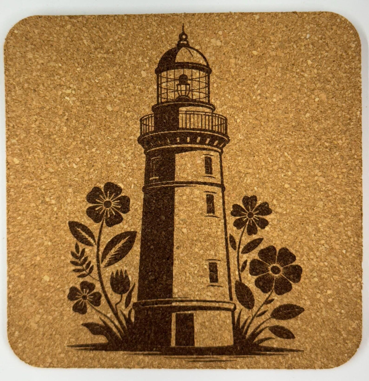 Classic Floral Lighthouse Cork Coaster – Nautical Coastal Art