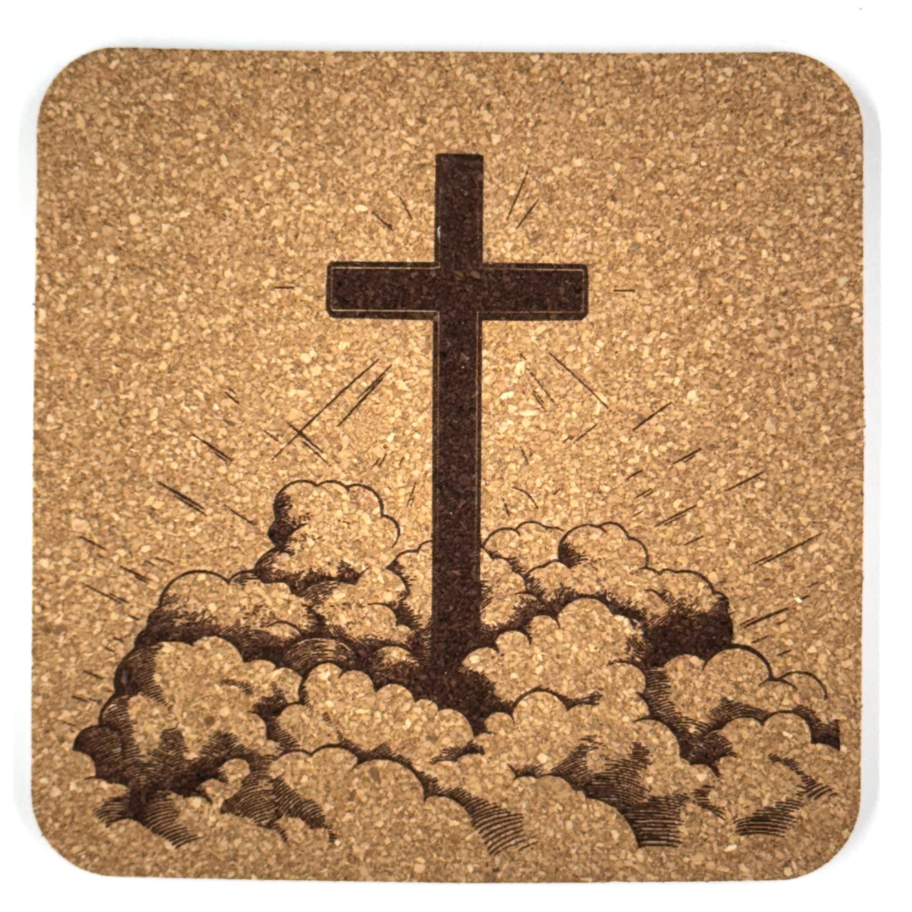 Cross Rising Through Clouds Laser Engraved Cork Coaster
