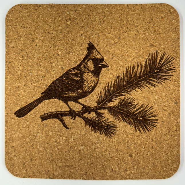 Crested Cardinal Perched – Woodland Cork Coaster