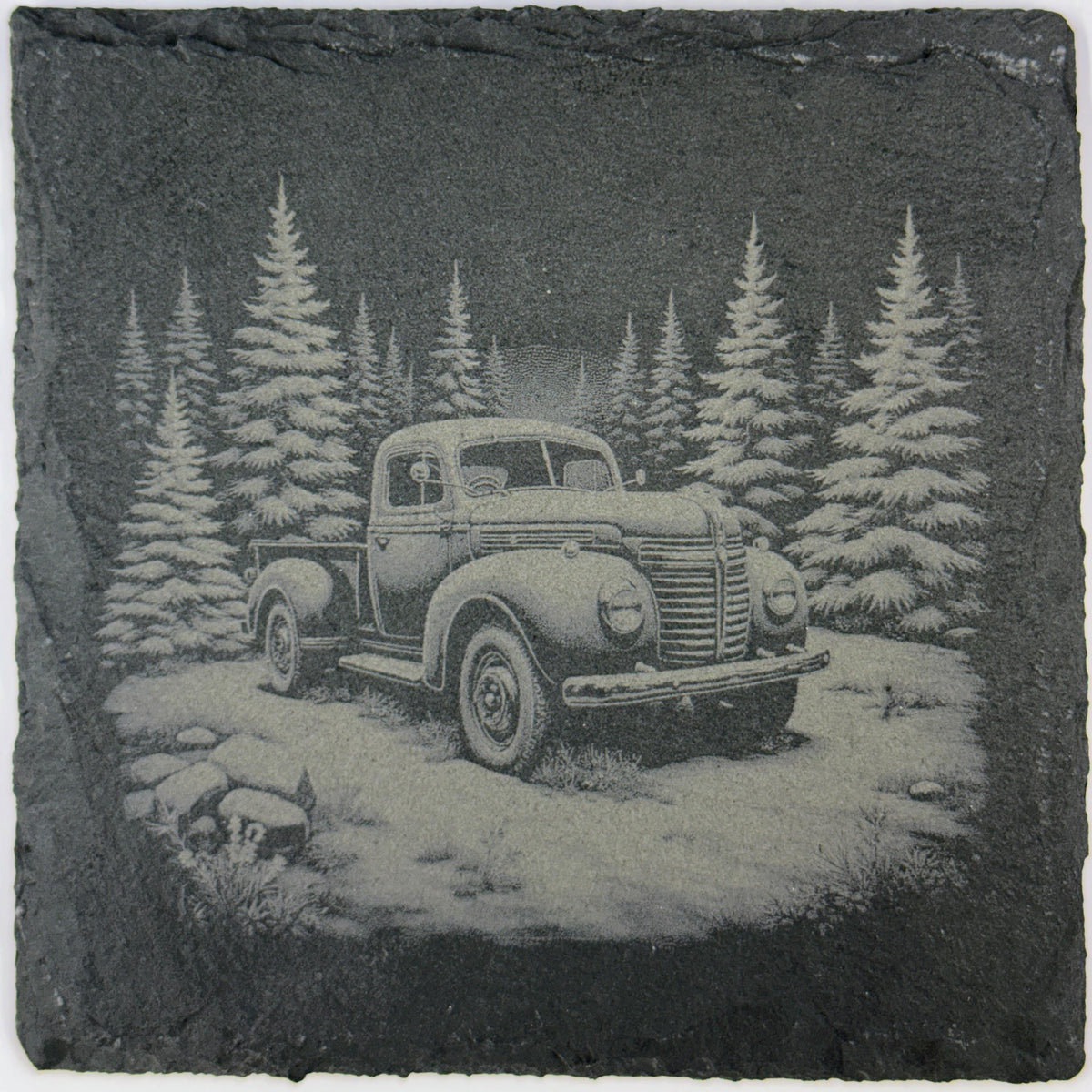 Vintage Christmas Tree Truck Slate Coaster – Winter Forest Holiday Decor