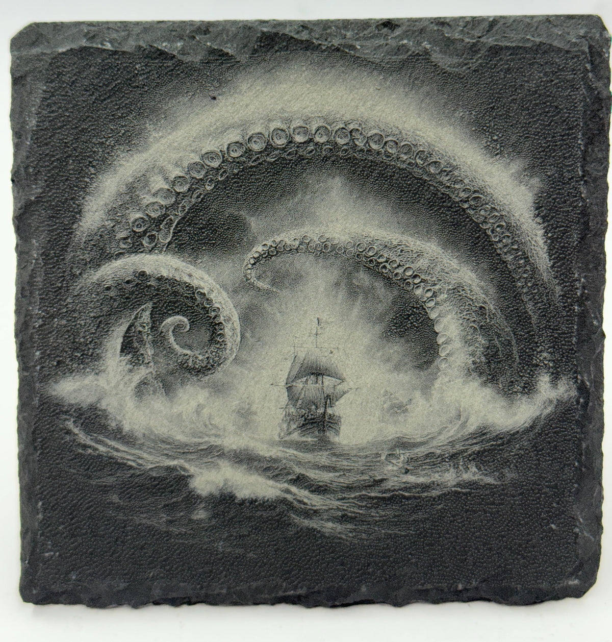 Kraken Tentacles and Ship Slate Coaster – Stormy Sea Fantasy Art