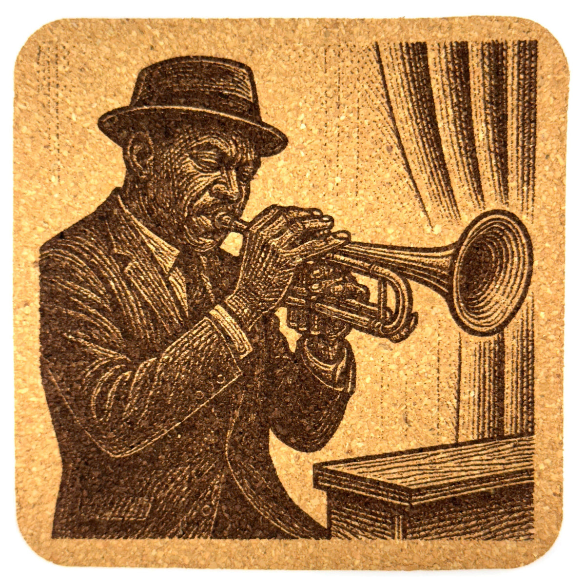 Classic Jazz Trumpet Player – Laser Engraved Cork Coaster