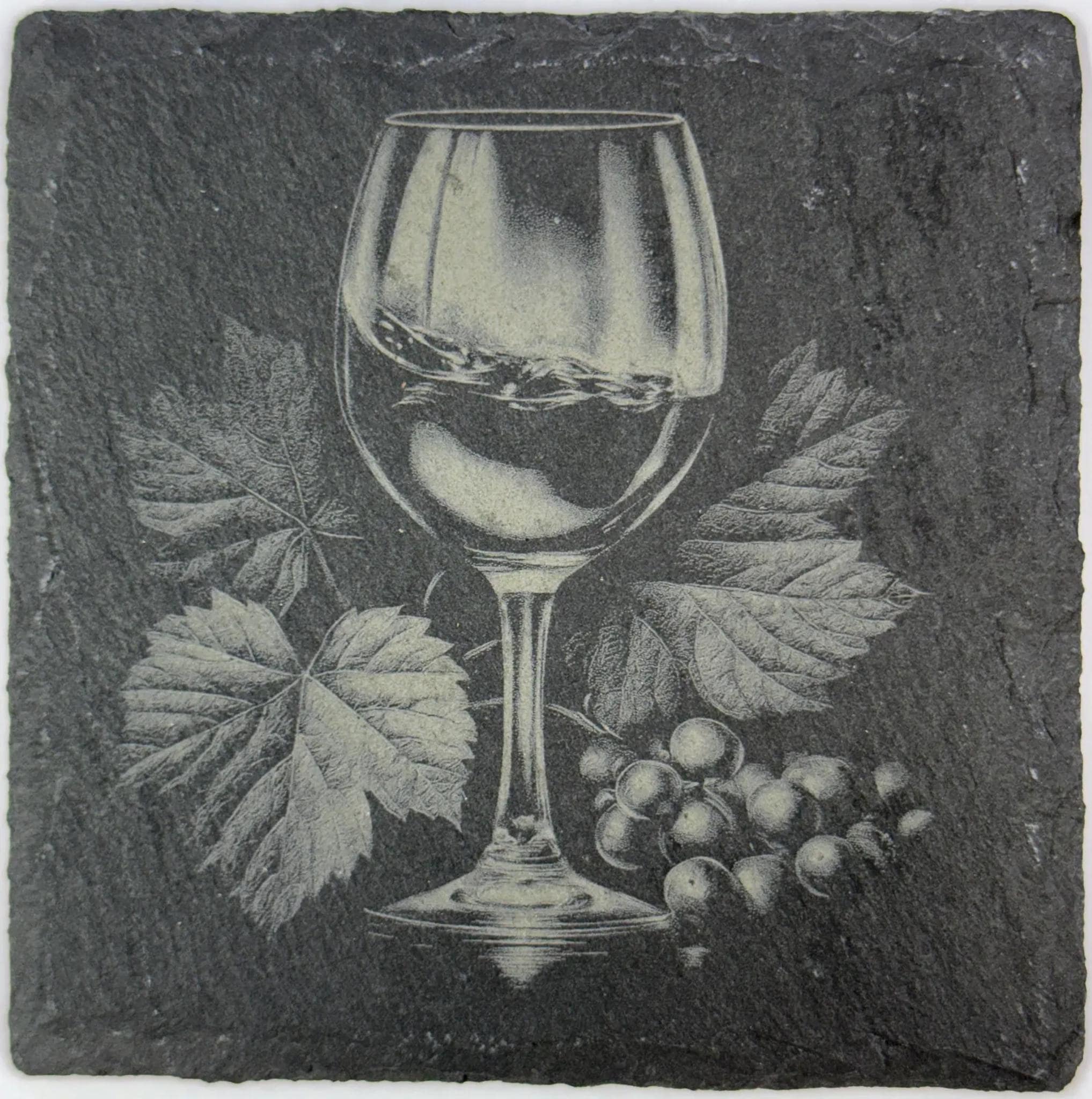 Wine Glass with Grape Leaves & Fruit – Classic Vineyard Slate Coaster