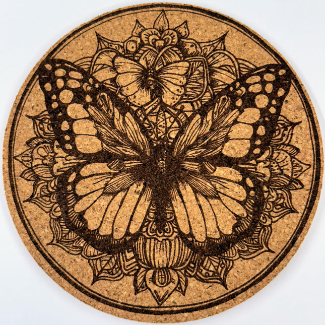 Botanical Butterfly Mandala – Nature-Inspired Cork Coaster