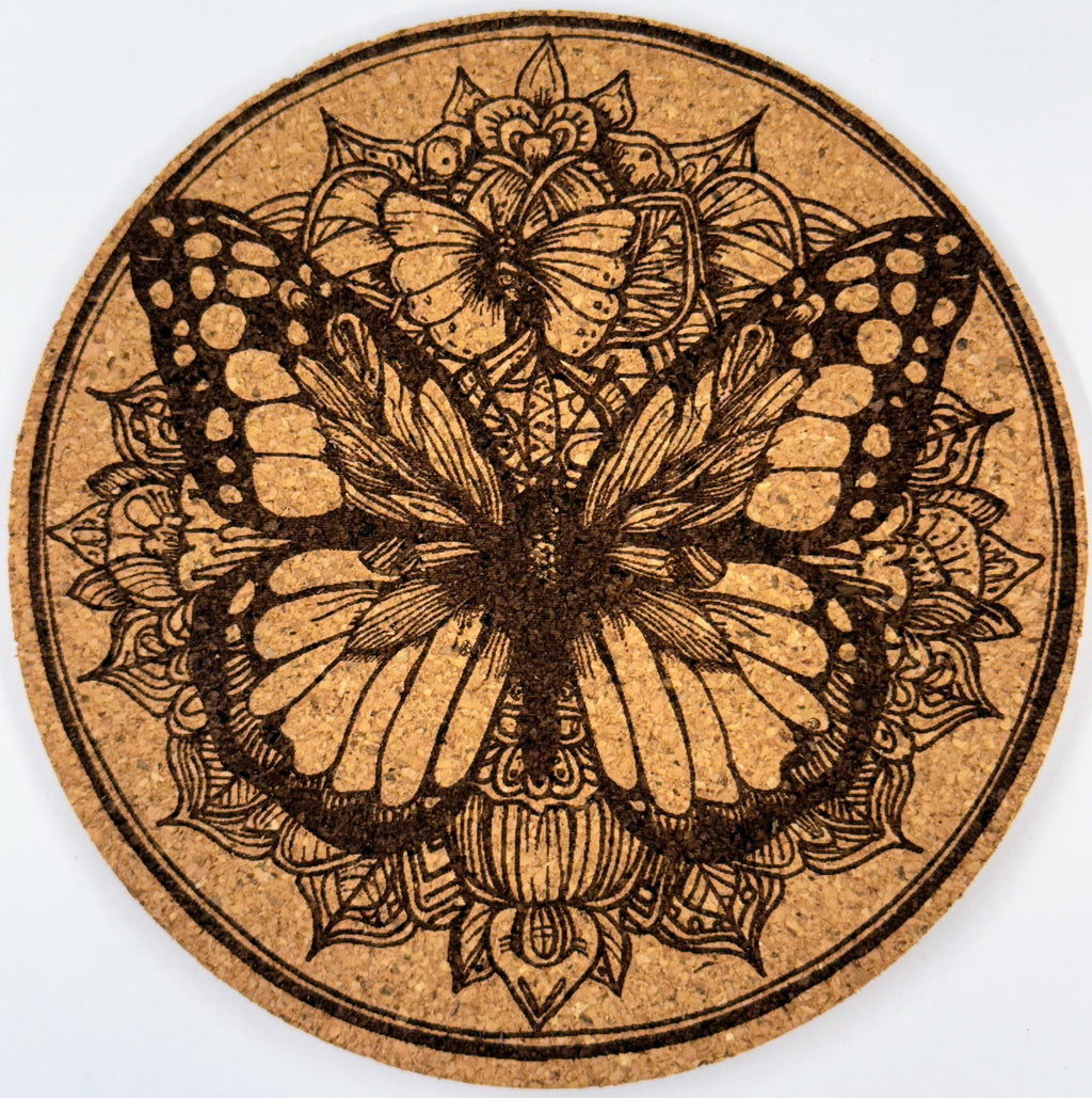 Botanical Butterfly Mandala – Nature-Inspired Cork Coaster
