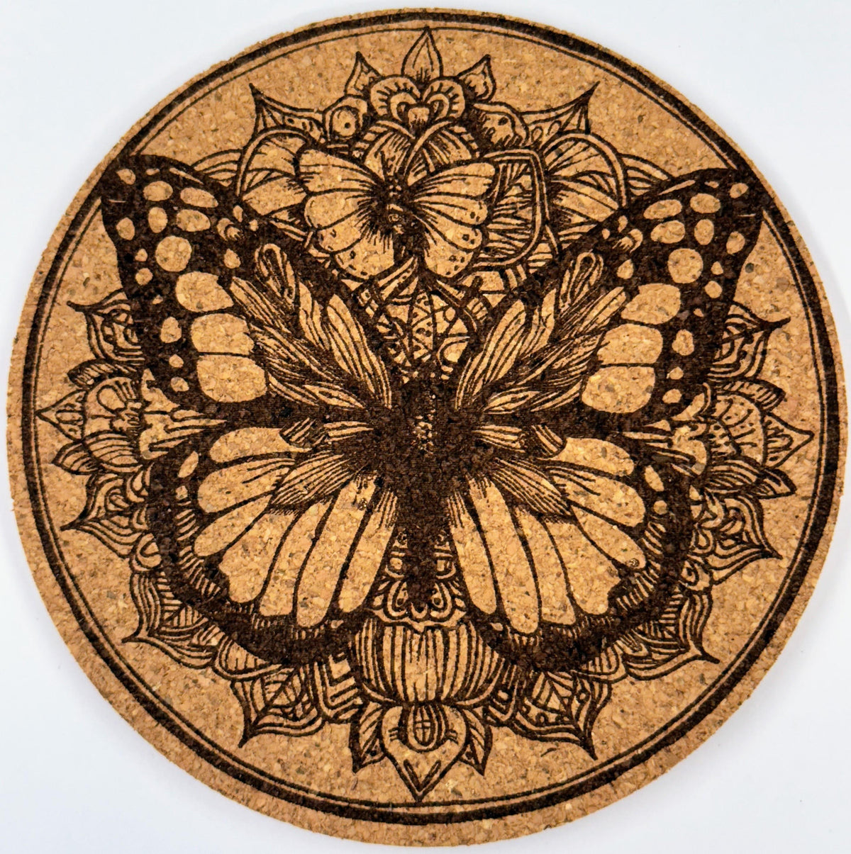 Botanical Butterfly Mandala – Nature-Inspired Cork Coaster