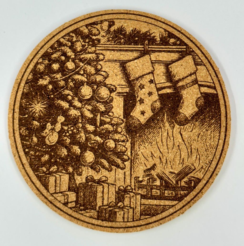 Christmas Fireplace Cork Coaster – Cozy Holiday Stockings Scene
