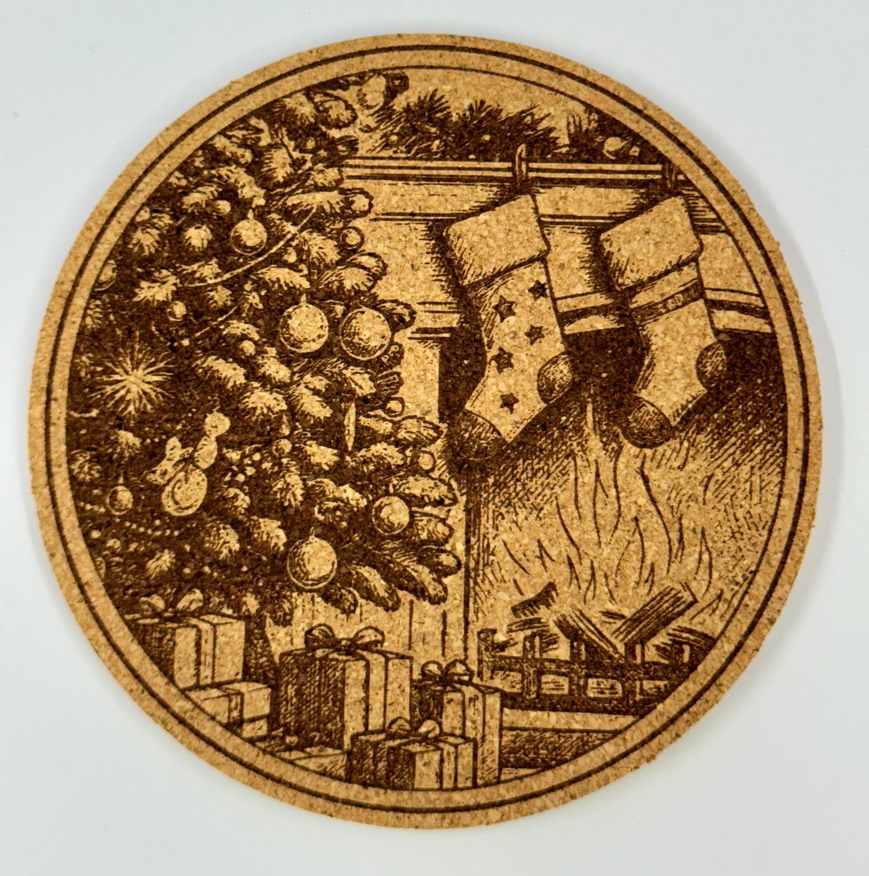 Christmas Fireplace Cork Coaster – Cozy Holiday Stockings Scene