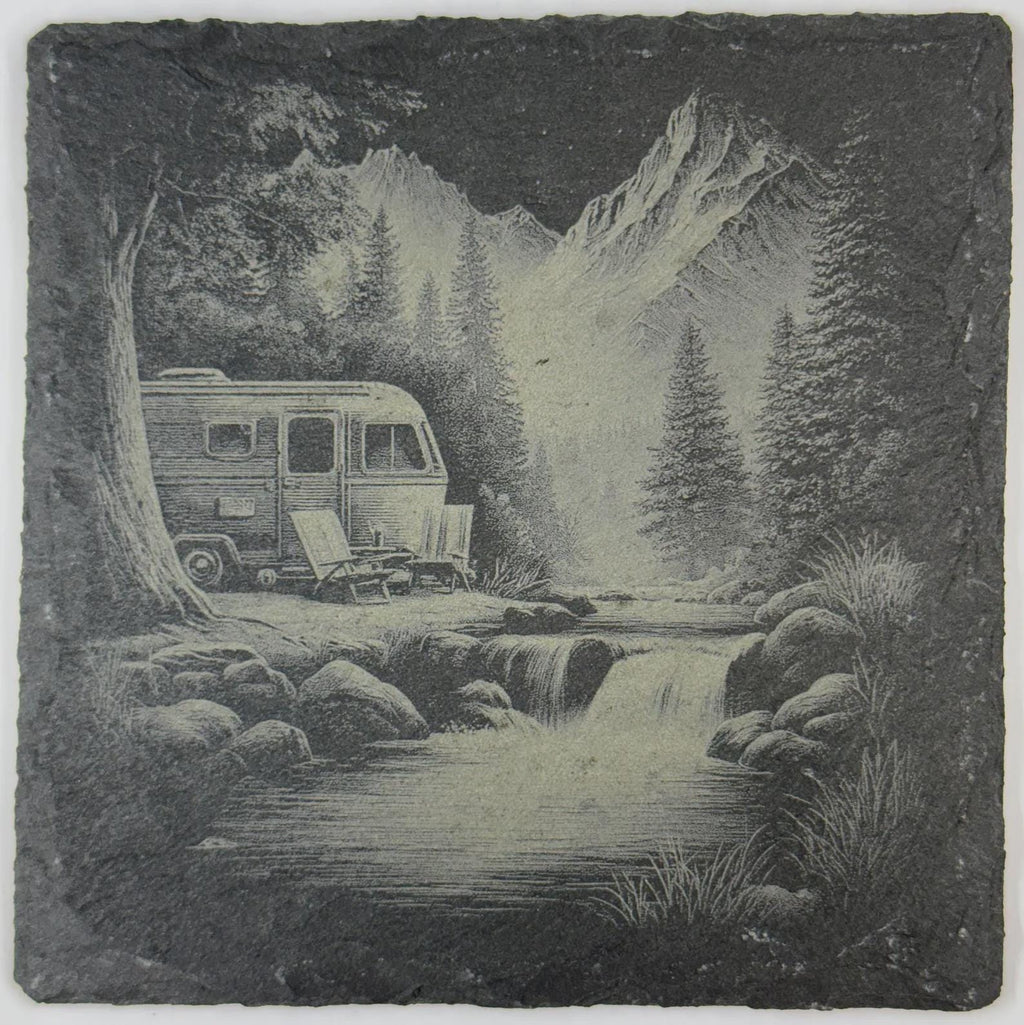 Moonlit RV Camp Slate Coaster – Forest Stream Camping Scene