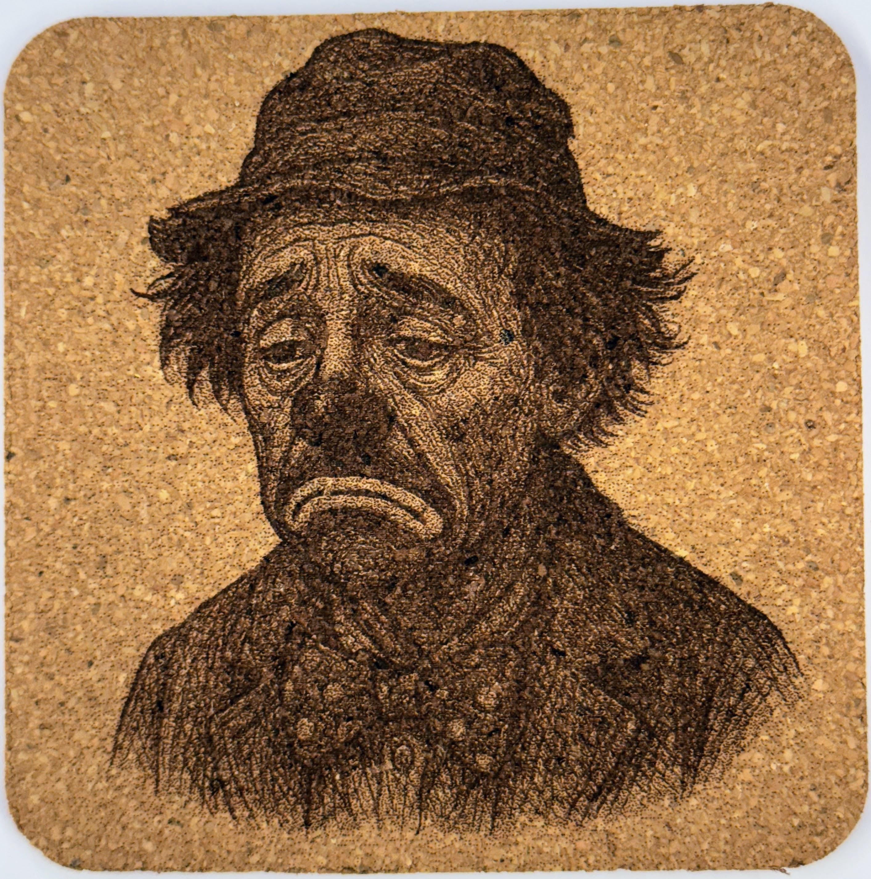 Quiet Old Hobo Clown – Laser Engraved Cork Coaster