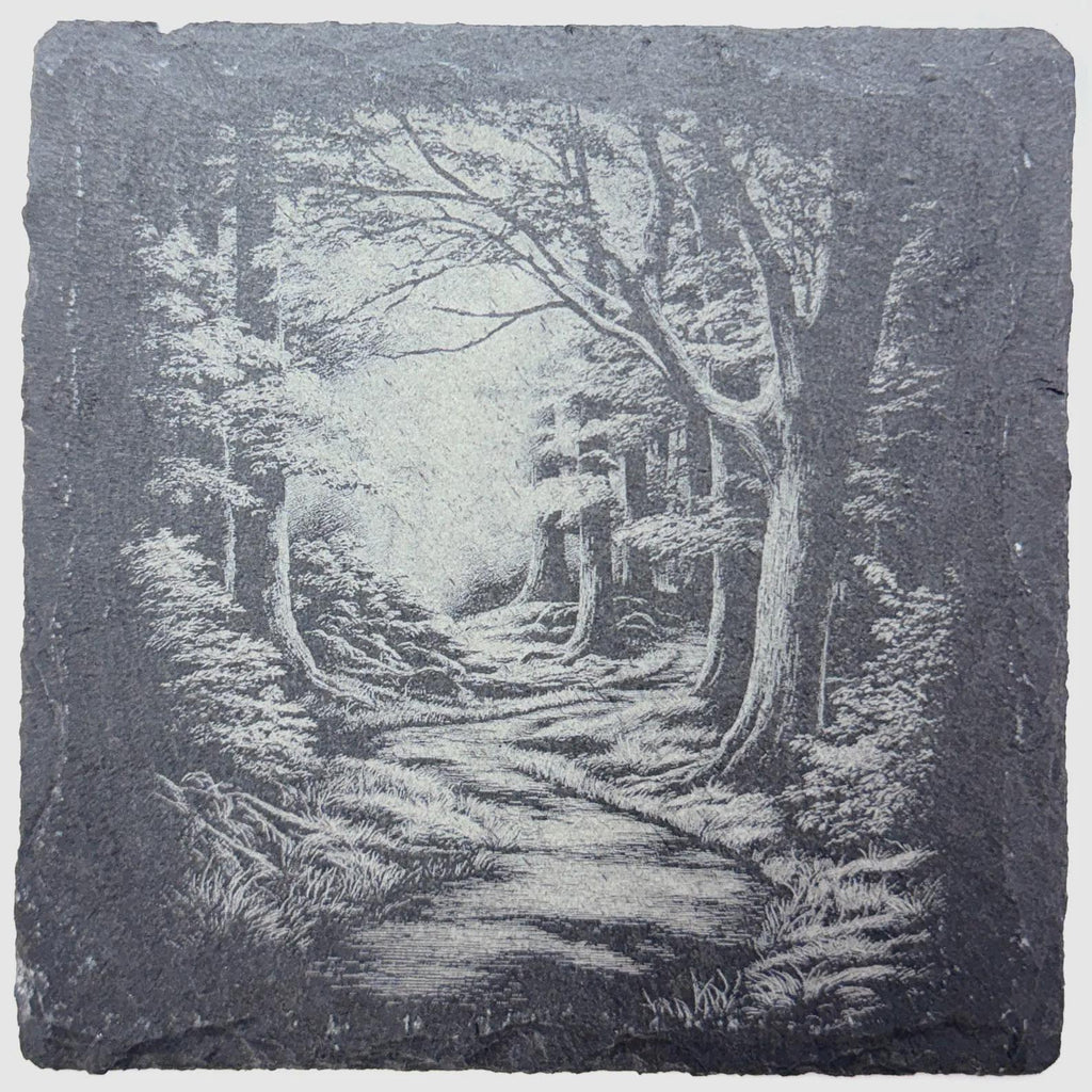 Sunlit Forest Trail Slate Coaster – Woodland Path Landscape