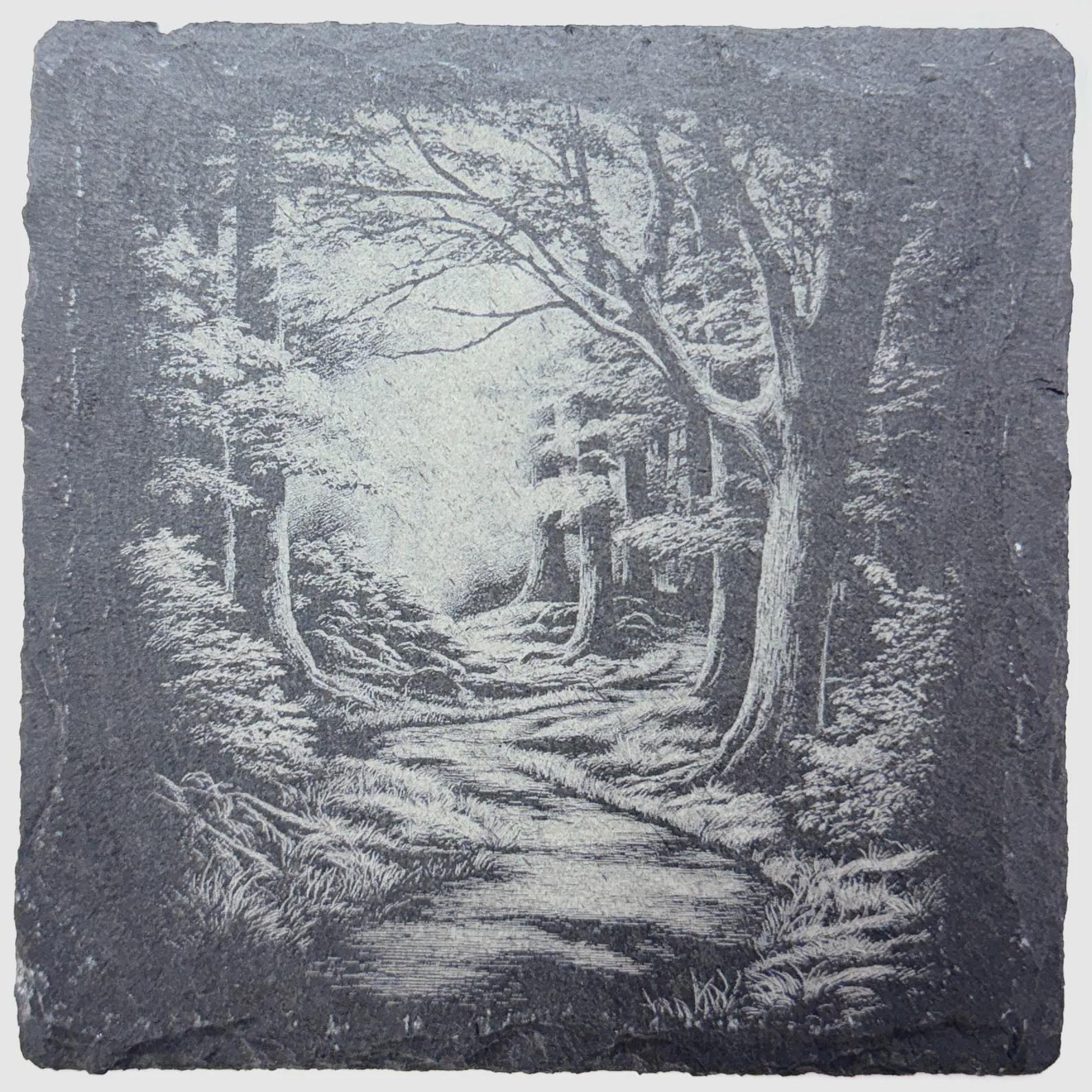 Sunlit Forest Trail Slate Coaster – Woodland Path Landscape