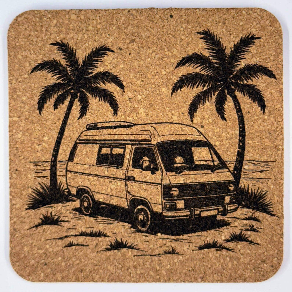 Classic Camper Van Coaster – Engraved Cork Drink Coaster with Tropical Van Life Scene