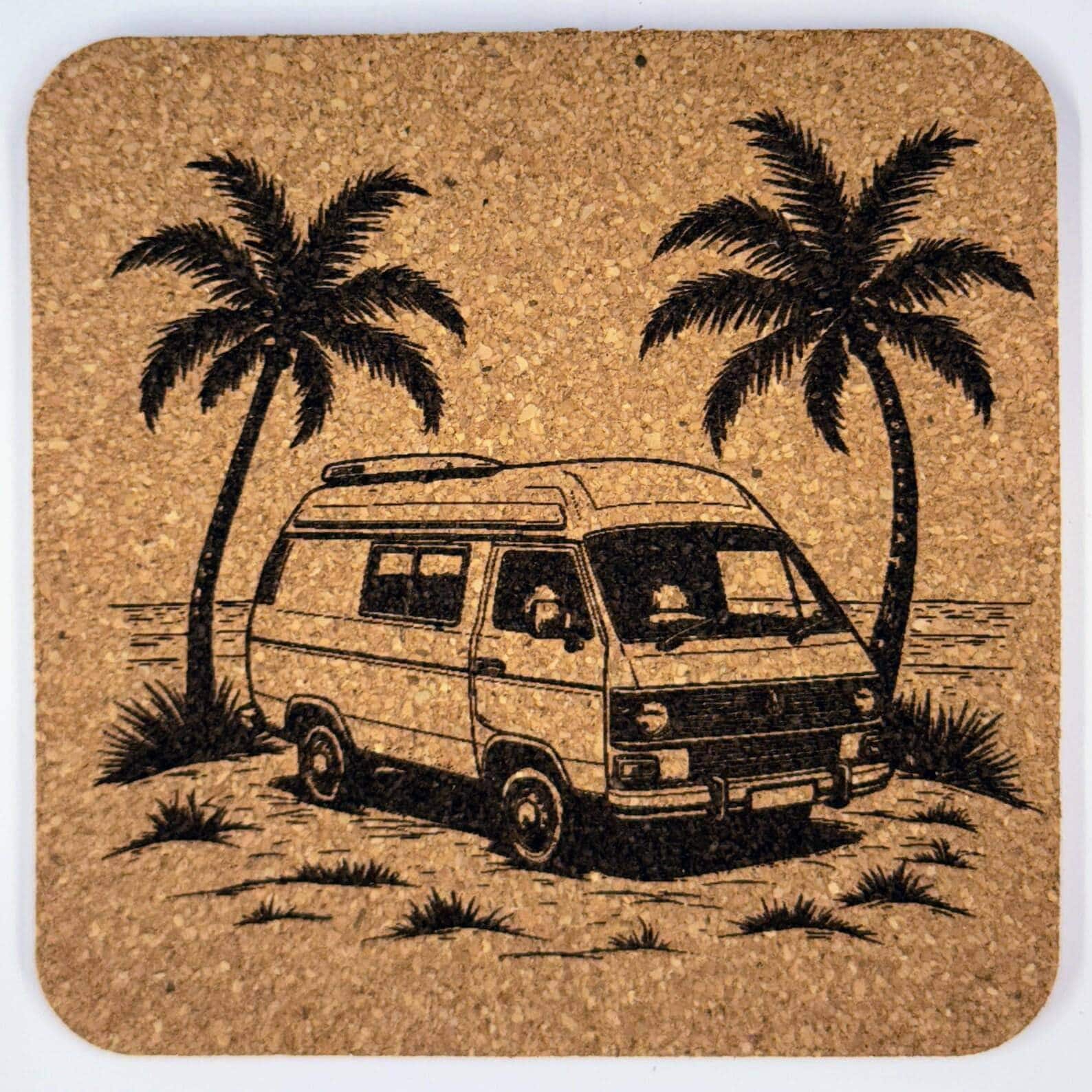 Classic Camper Van Coaster – Engraved Cork Drink Coaster with Tropical Van Life Scene