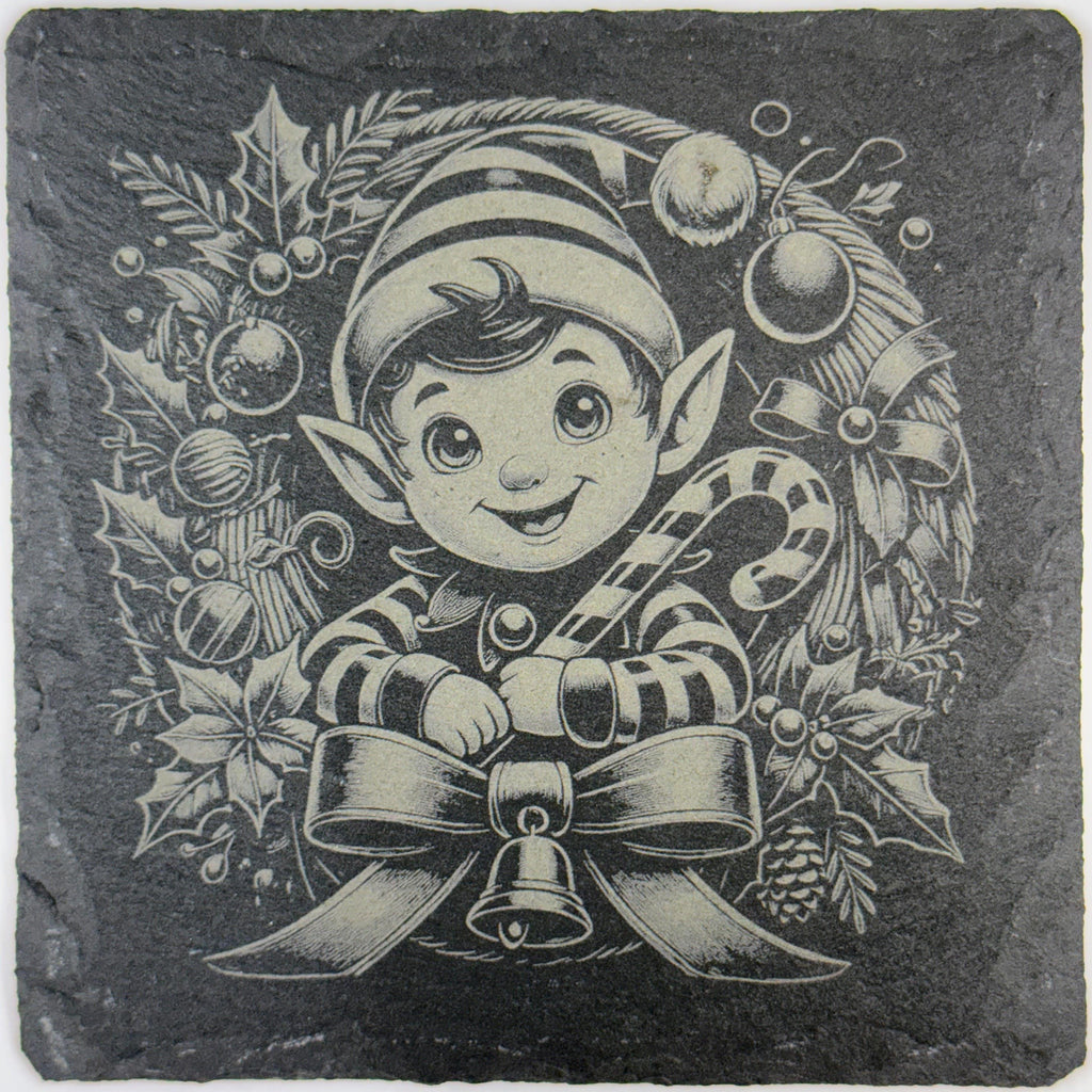 Elf Christmas Wreath Slate Coaster – Whimsical Vintage Holiday Art