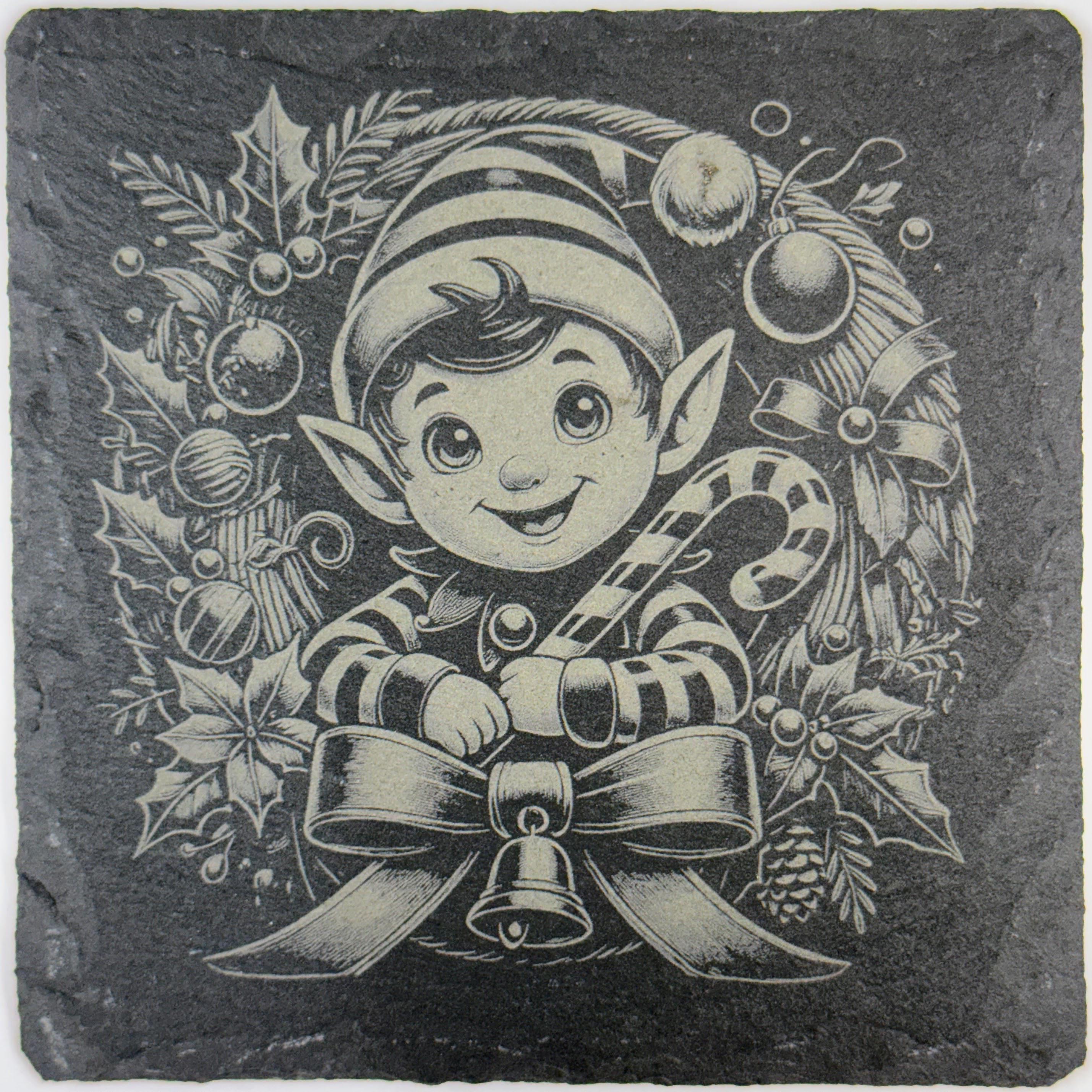 Elf Christmas Wreath Slate Coaster – Whimsical Vintage Holiday Art