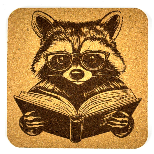 Reading Raccoon Cork Coaster – Book Lover Cute Animal Bar Decor