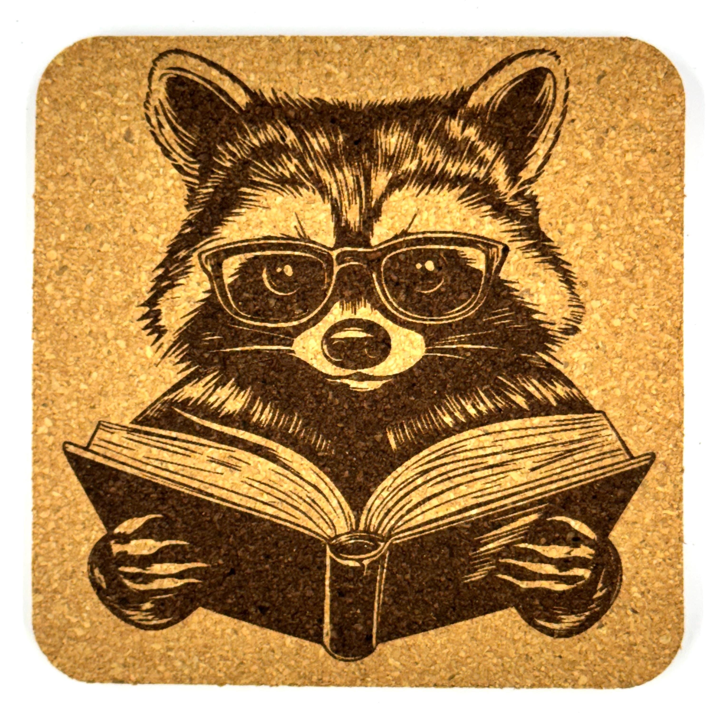 Reading Raccoon Cork Coaster – Book Lover Cute Animal Bar Decor