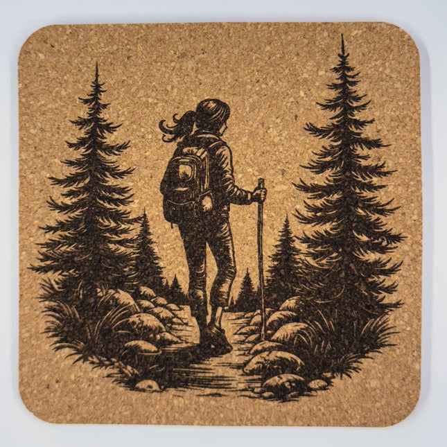 Solo Woman Hiking Forest Trail Cork Coaster – Outdoor Adventure Art