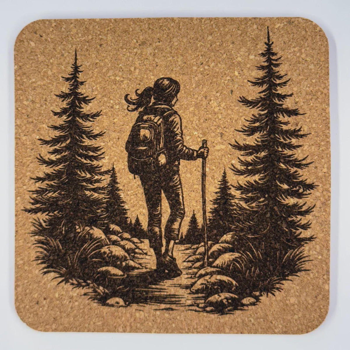 Solo Woman Hiking Forest Trail Cork Coaster – Outdoor Adventure Art