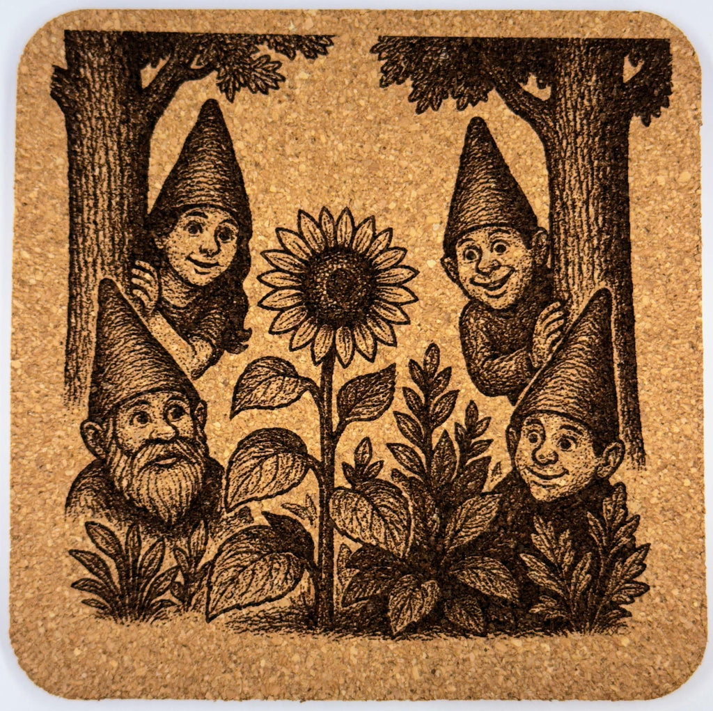 Garden Gnome Sunflower Cork Coaster – Whimsical Nature Gnome Art