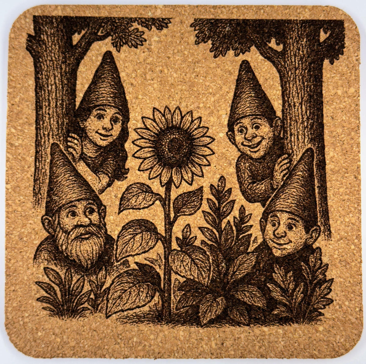 Garden Gnome Sunflower Cork Coaster – Whimsical Nature Gnome Art
