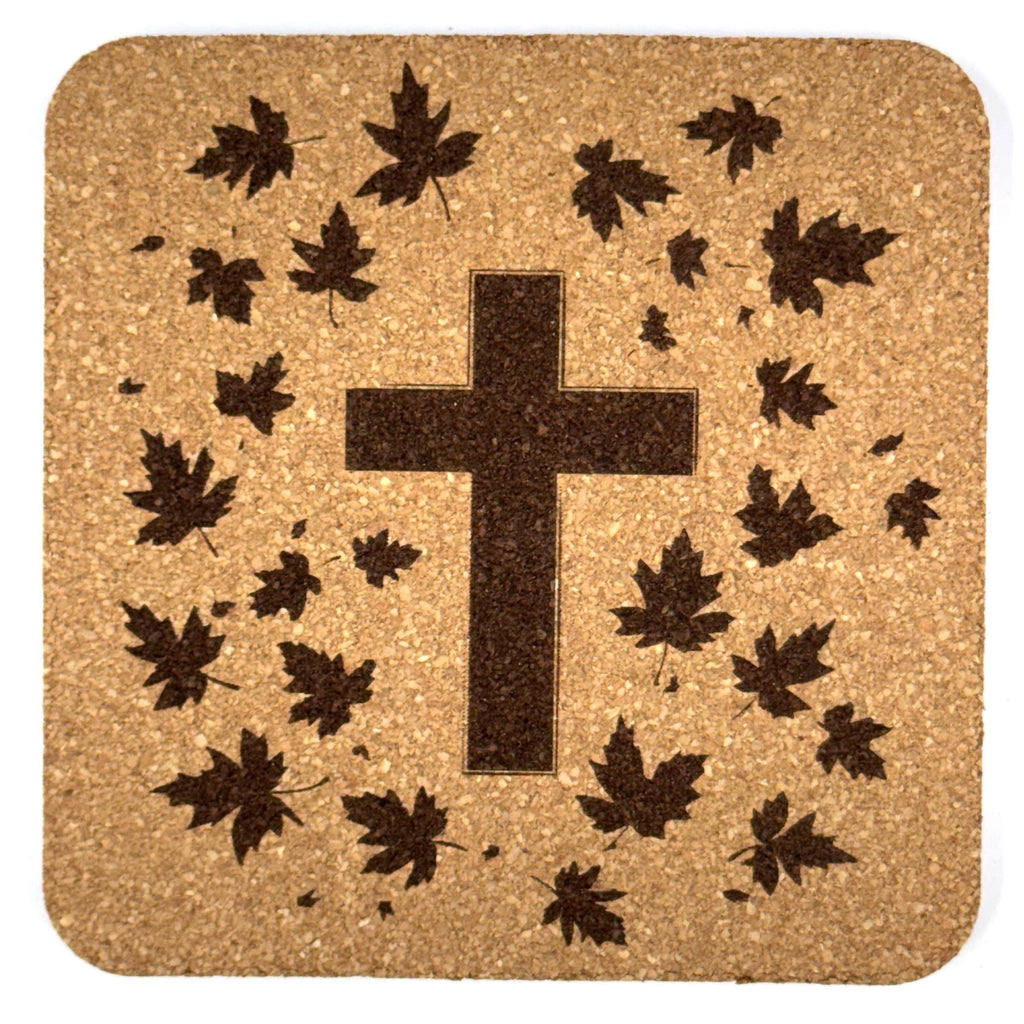 Falling Leaves Cross Laser Engraved Cork Coaster